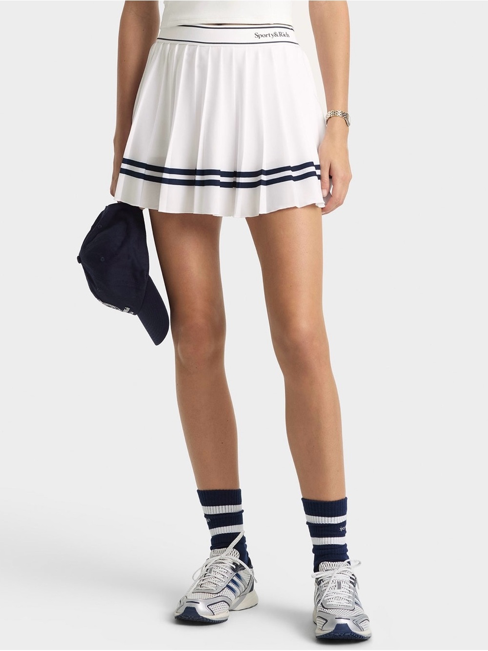 Sporty & Rich Serif Logo Pleated Skirt - White/Navy